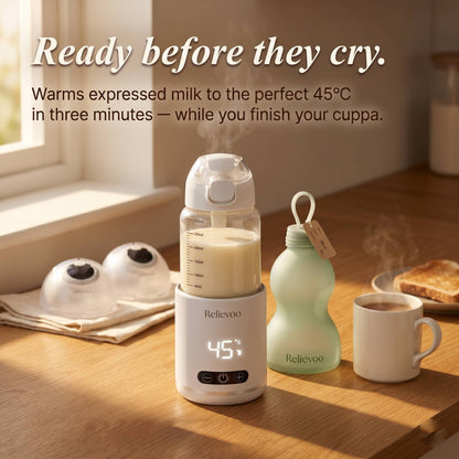 Relievoo wireless bottle warmer PRO3 UK — warms expressed breast milk to 45 degrees in 3 minutes for stress-free morning feeds