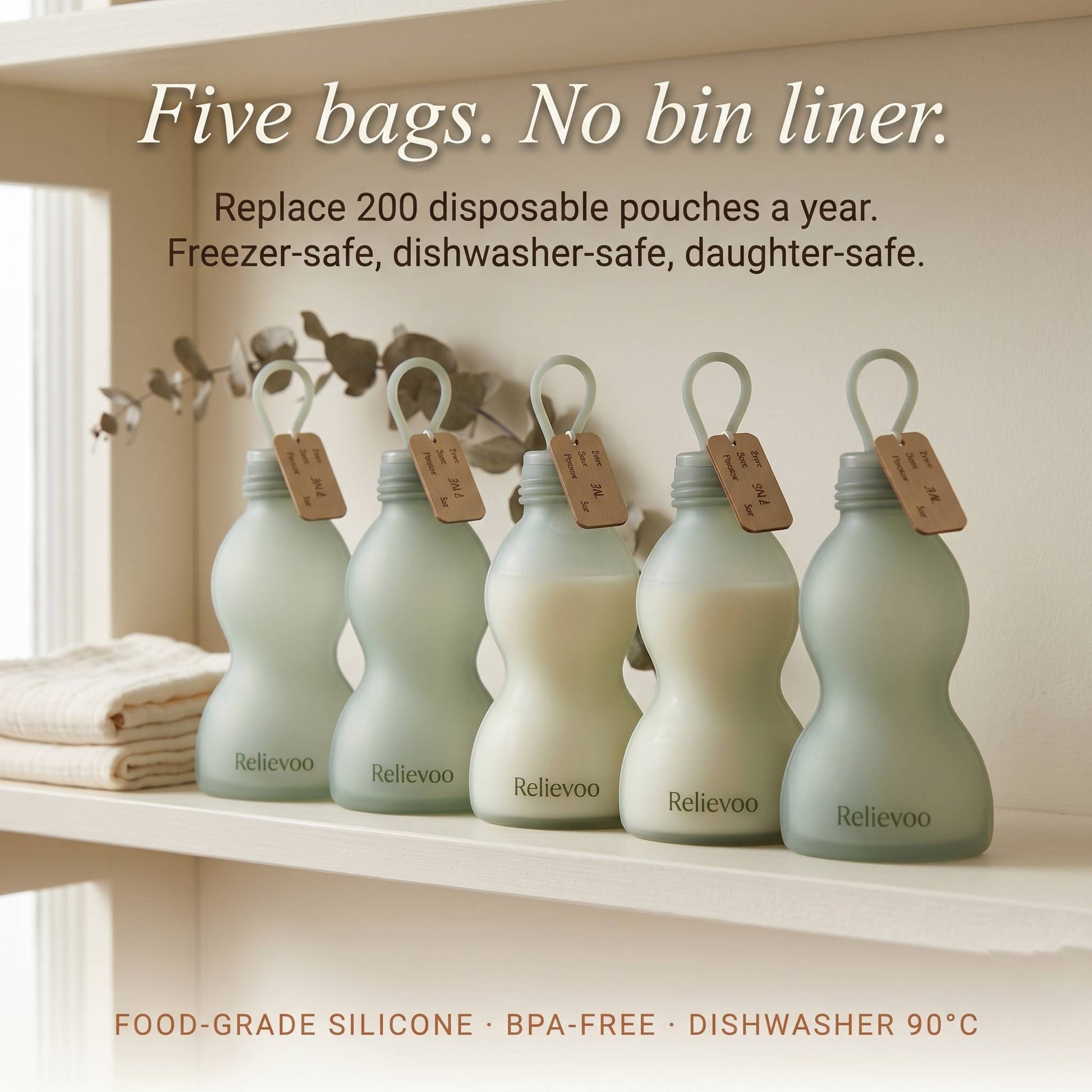 Relievoo reusable silicone breast milk storage bags UK — 5 sage green bags replace 200 disposable pouches a year, freezer and dishwasher safe