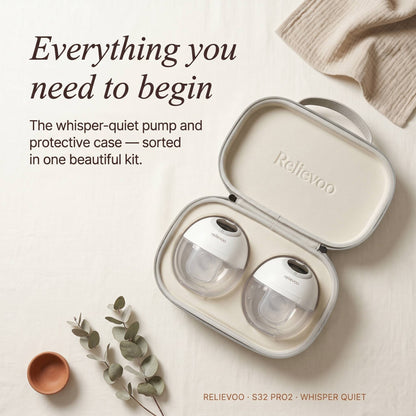 Relievoo Complete Pumping Kit UK — wearable breast pump S32 PRO2 with premium protective carrying case in one beautiful starter bundle