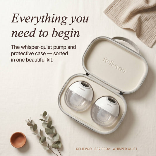 Relievoo Complete Pumping Kit UK — wearable breast pump S32 PRO2 with premium protective carrying case in one beautiful starter bundle