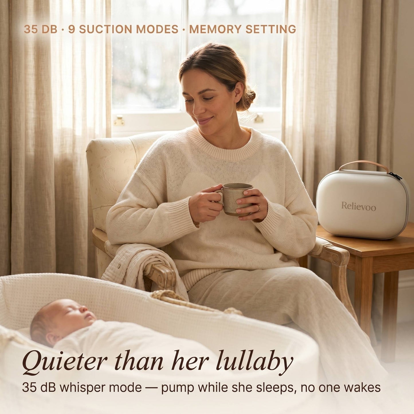Whisper-quiet 35dB Relievoo wearable breast pump UK — UK mum pumping in nursery while baby sleeps in Moses basket, perfect for first-time mums starting their pumping journey
