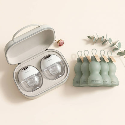 Relievoo Essentials Bundle UK — wearable breast pump in carrying case with 5 reusable sage green silicone storage bags for eco-conscious mums