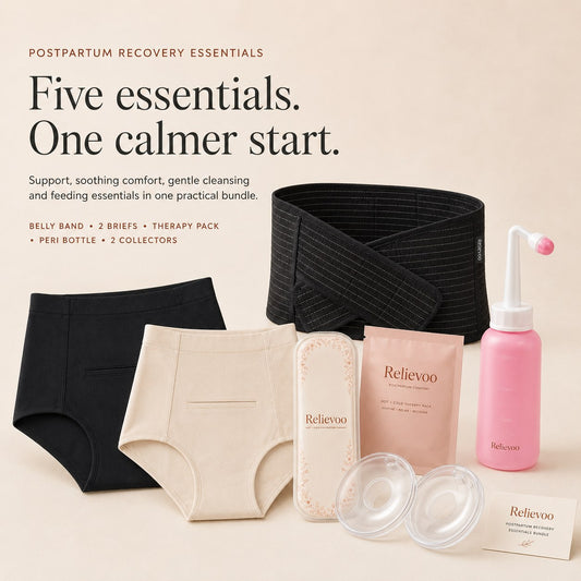 The five Relievoo postpartum recovery essentials laid out together: belly band, two soothing briefs, therapy pack, peri bottle and two milk collectors