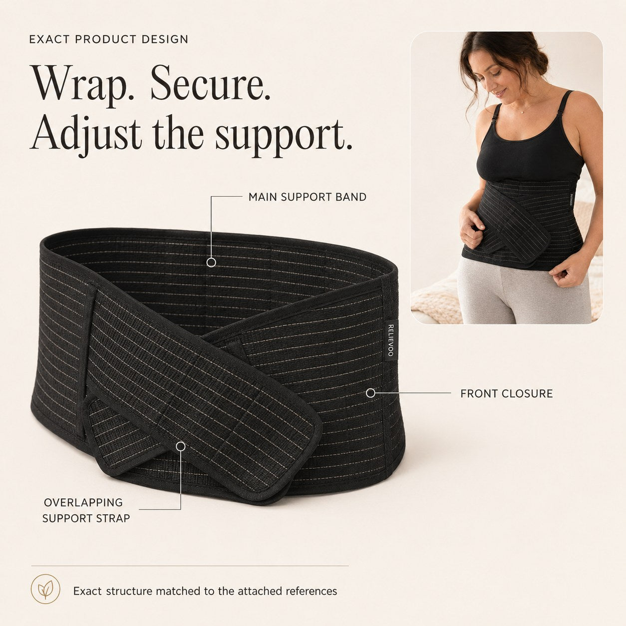 Relievoo postpartum support belt labelled with its main support band, front closure and overlapping support strap