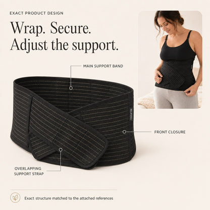 Relievoo postpartum support belt labelled with its main support band, front closure and overlapping support strap