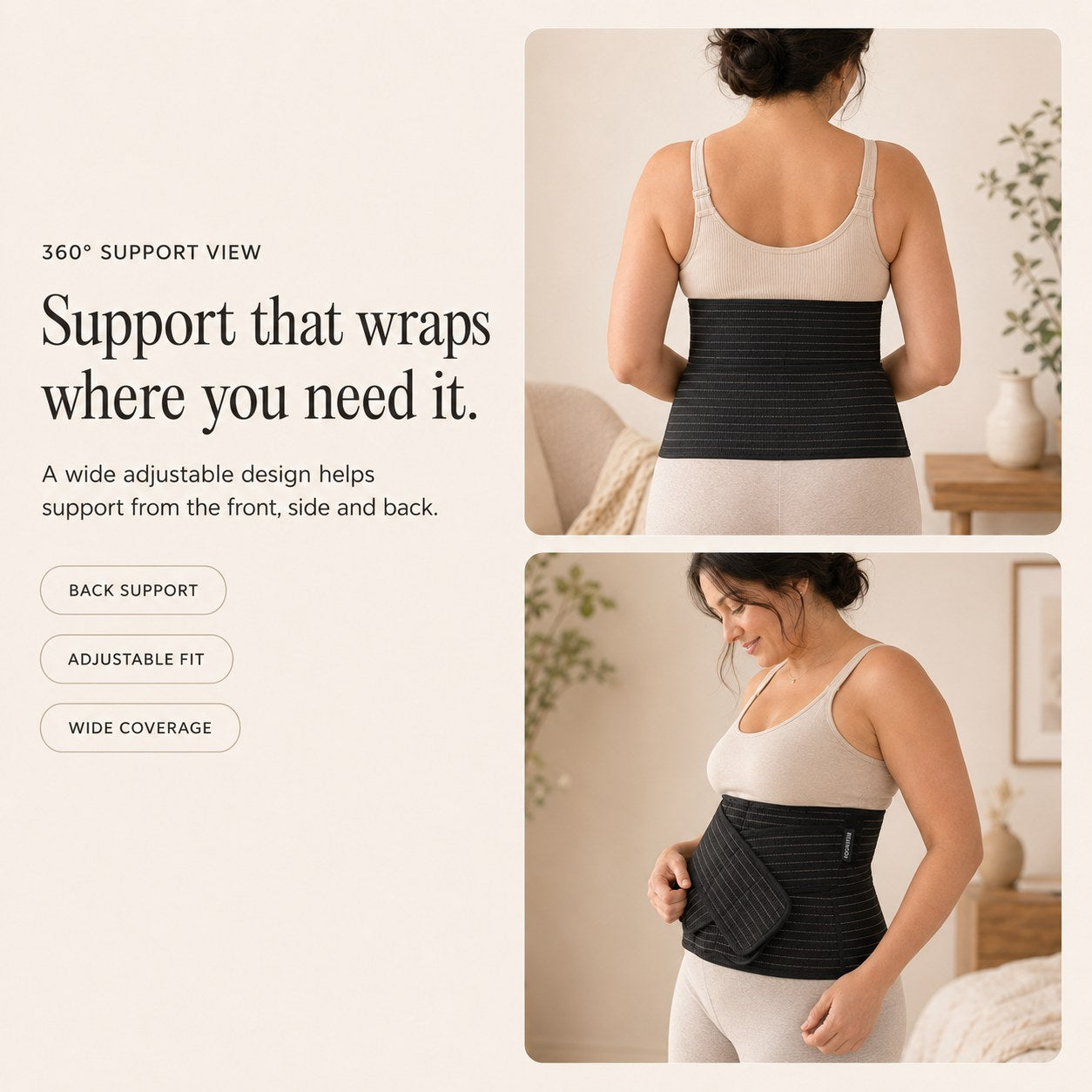 Back and side views of the black Relievoo postpartum belt showing its wide adjustable coverage