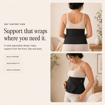 Back and side views of the black Relievoo postpartum belt showing its wide adjustable coverage