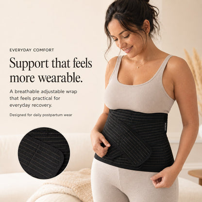Woman wearing the black Relievoo postpartum belt with a close-up of the breathable striped fabric