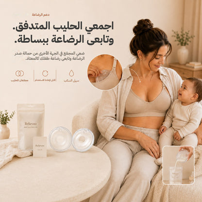 Mother feeding her baby while wearing a Relievoo milk collector inside her nursing bra, with the pair of collectors on the table