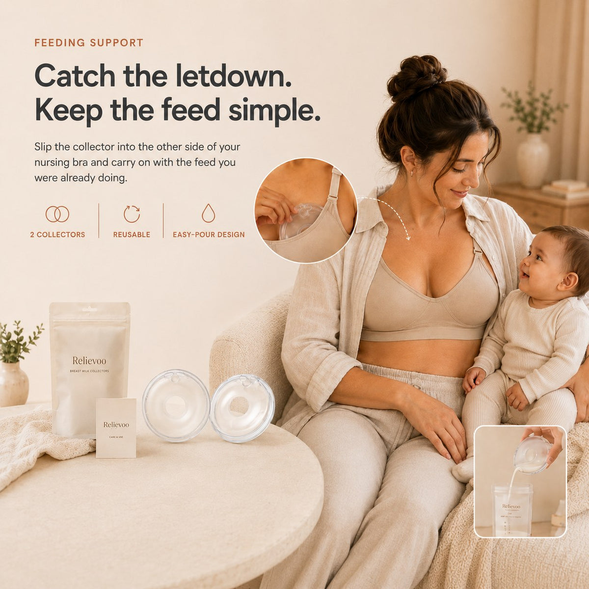 Mother feeding her baby while wearing a Relievoo milk collector inside her nursing bra, with the pair of collectors on the table rvpumpen rvhasar