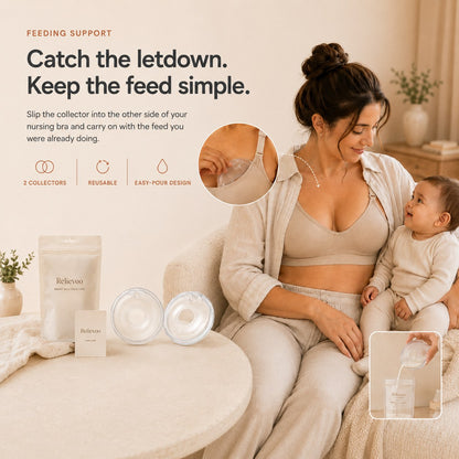 Mother feeding her baby while wearing a Relievoo milk collector inside her nursing bra, with the pair of collectors on the table rvpumpen rvhasar