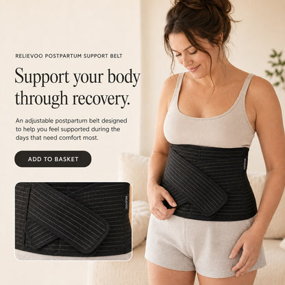 Woman wearing the black Relievoo postpartum support belt with the belt shown flat beside her