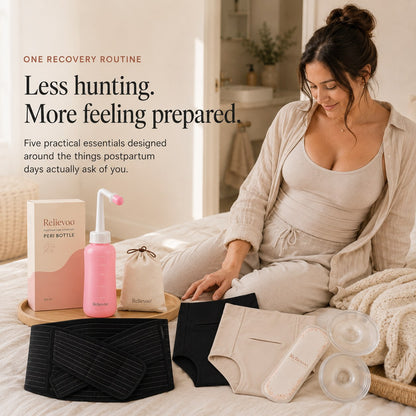 Woman sitting on a bed with the Relievoo postpartum recovery essentials bundle laid out beside her rvpumpen rvhasar