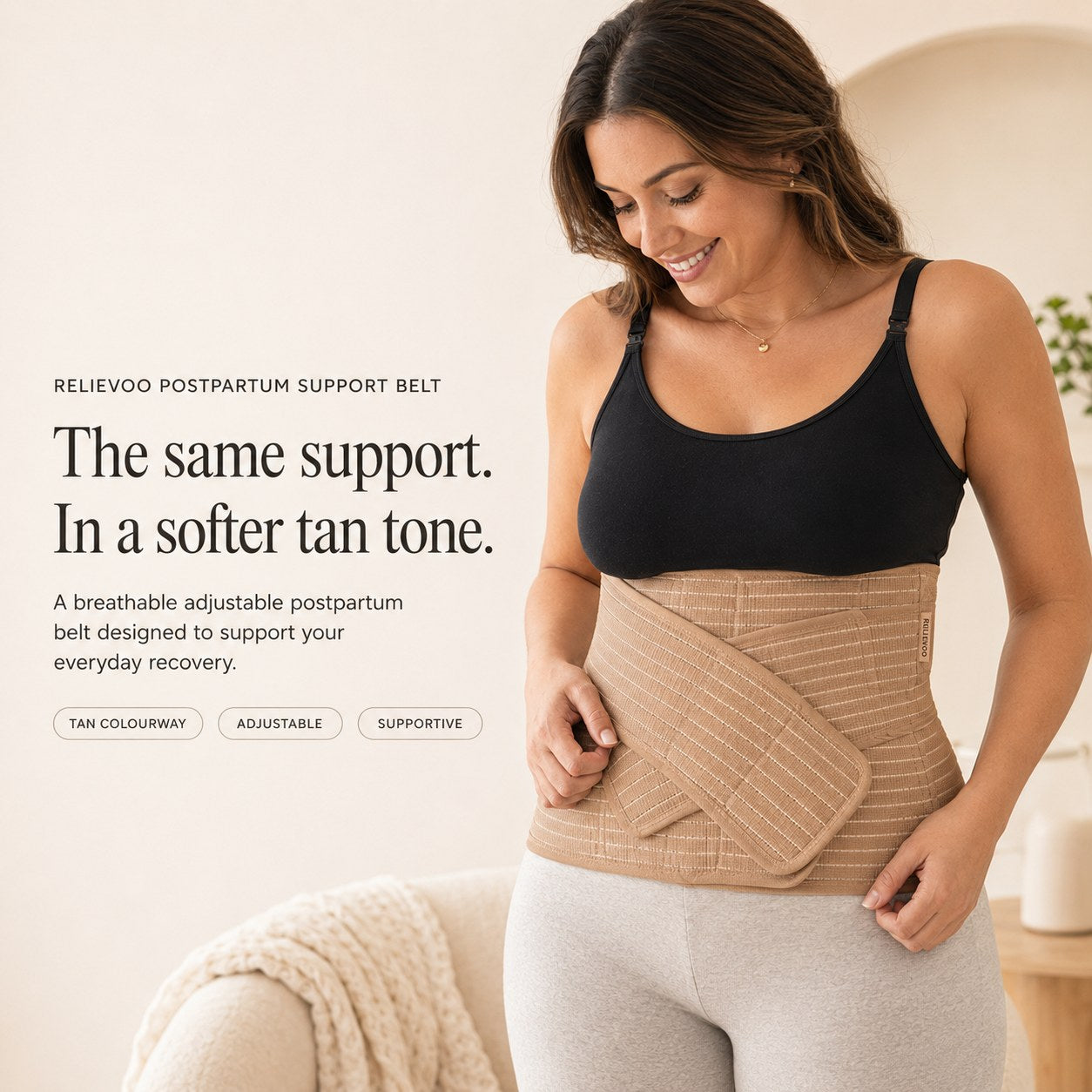 Woman wearing the Relievoo postpartum support belt in the tan colourway