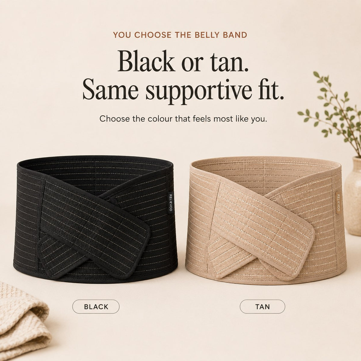 The Relievoo postpartum belly band shown in black and in tan, side by side rvpumpen rvhasar