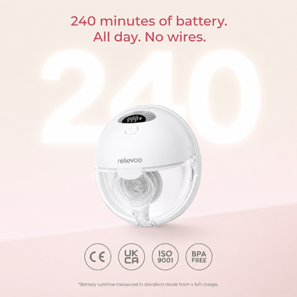 Relievoo M22 PRO2 wearable breast pump, 240 minutes of battery, cordless, CE UKCA ISO 9001 and BPA free marks