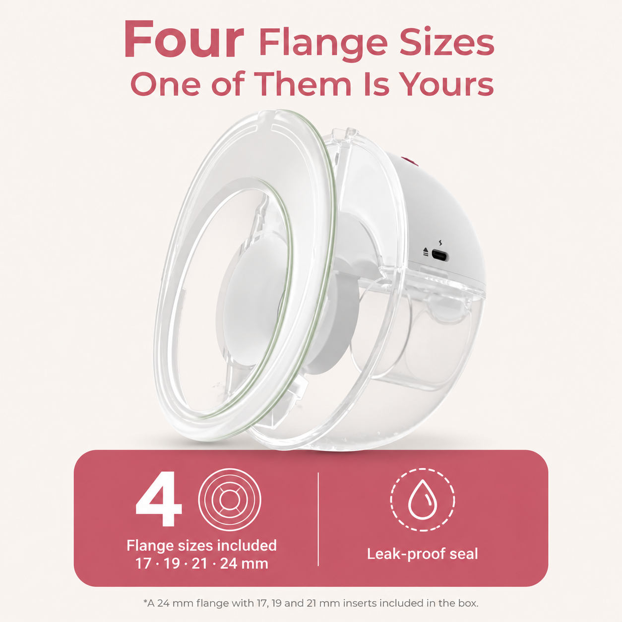 Relievoo M22 PRO2 wearable breast pump shown with its 24 mm flange and 17, 19 and 21 mm inserts, leak-proof seal