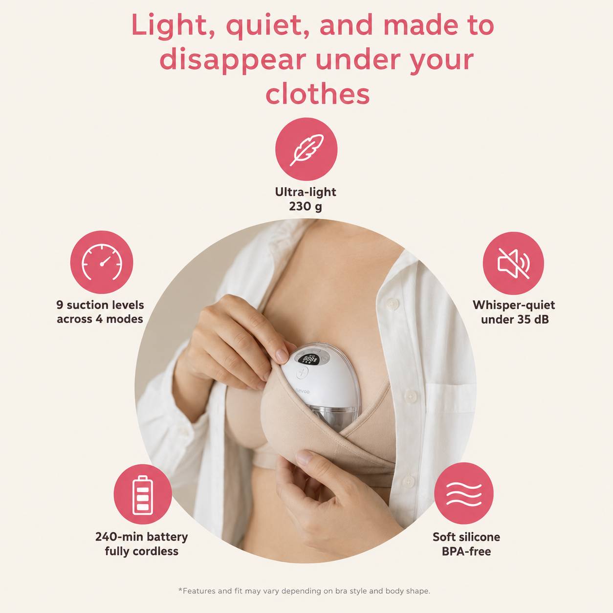 Relievoo M22 PRO2 wearable breast pump worn discreetly inside a nursing bra: ultra-light 230 g, 9 suction levels across 4 modes, whisper-quiet, 240-minute battery, soft BPA-free silicone