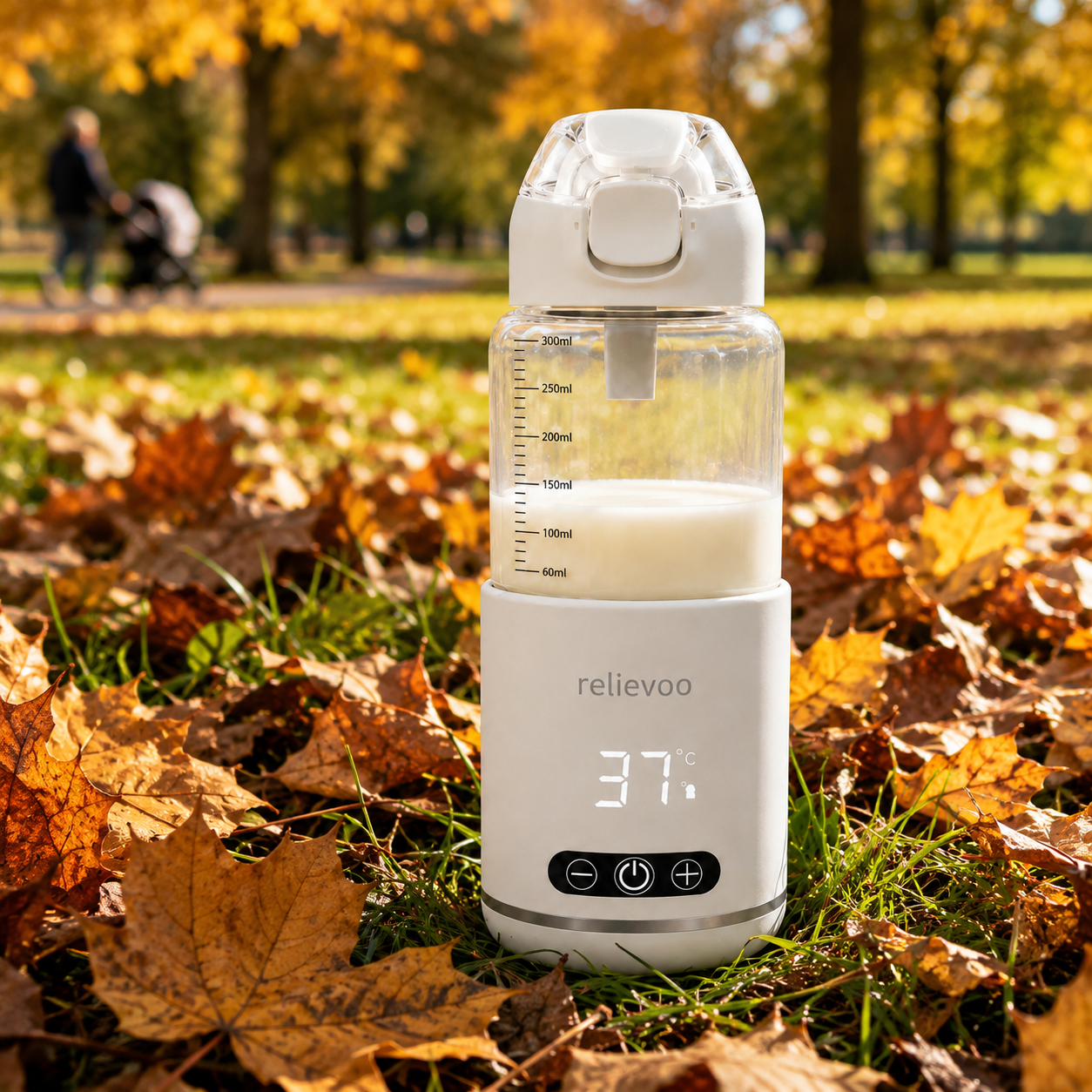 Relievoo bottle warmer set to 37°C on an autumn walk in the park