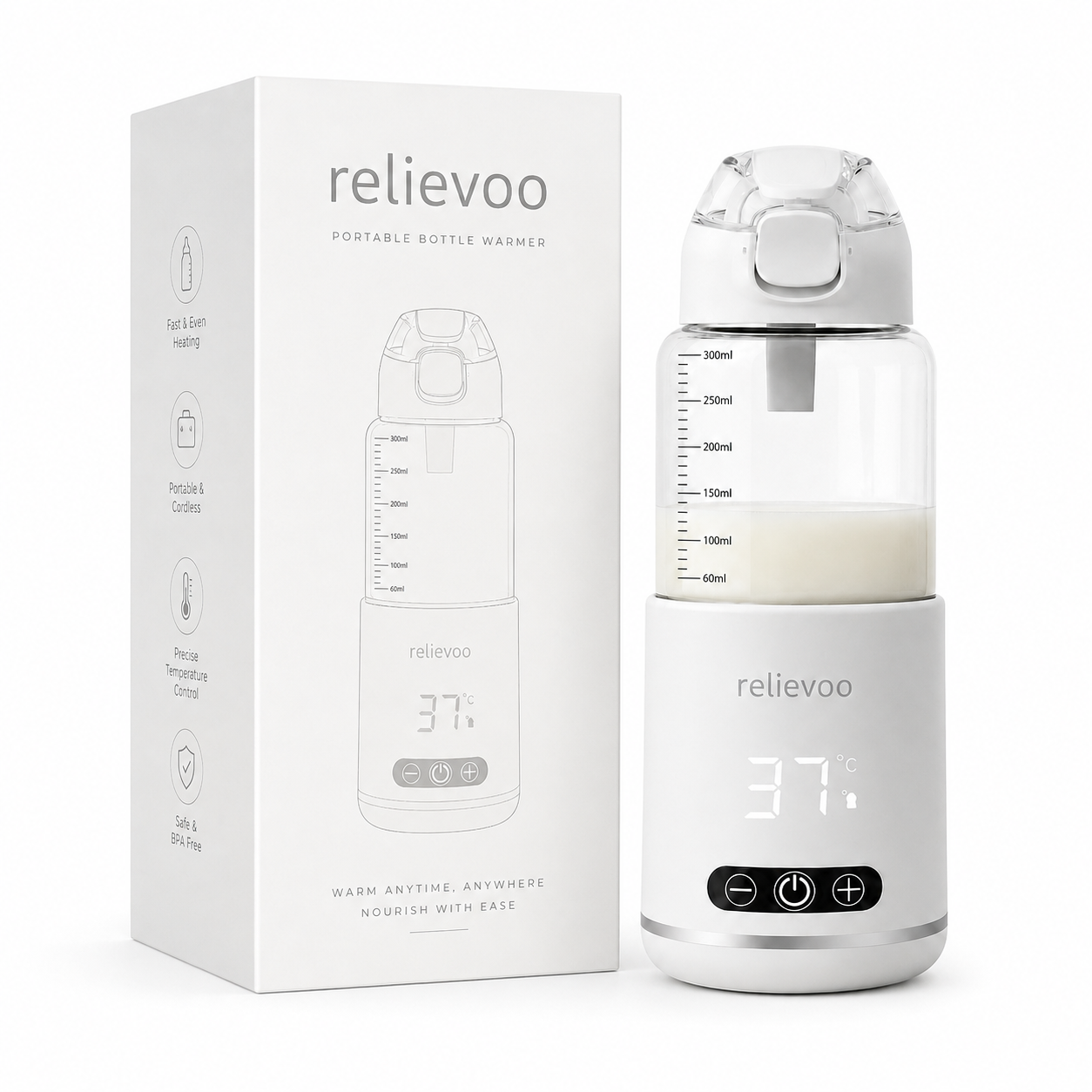 Relievoo Portable Bottle Warmer Pro with its retail box