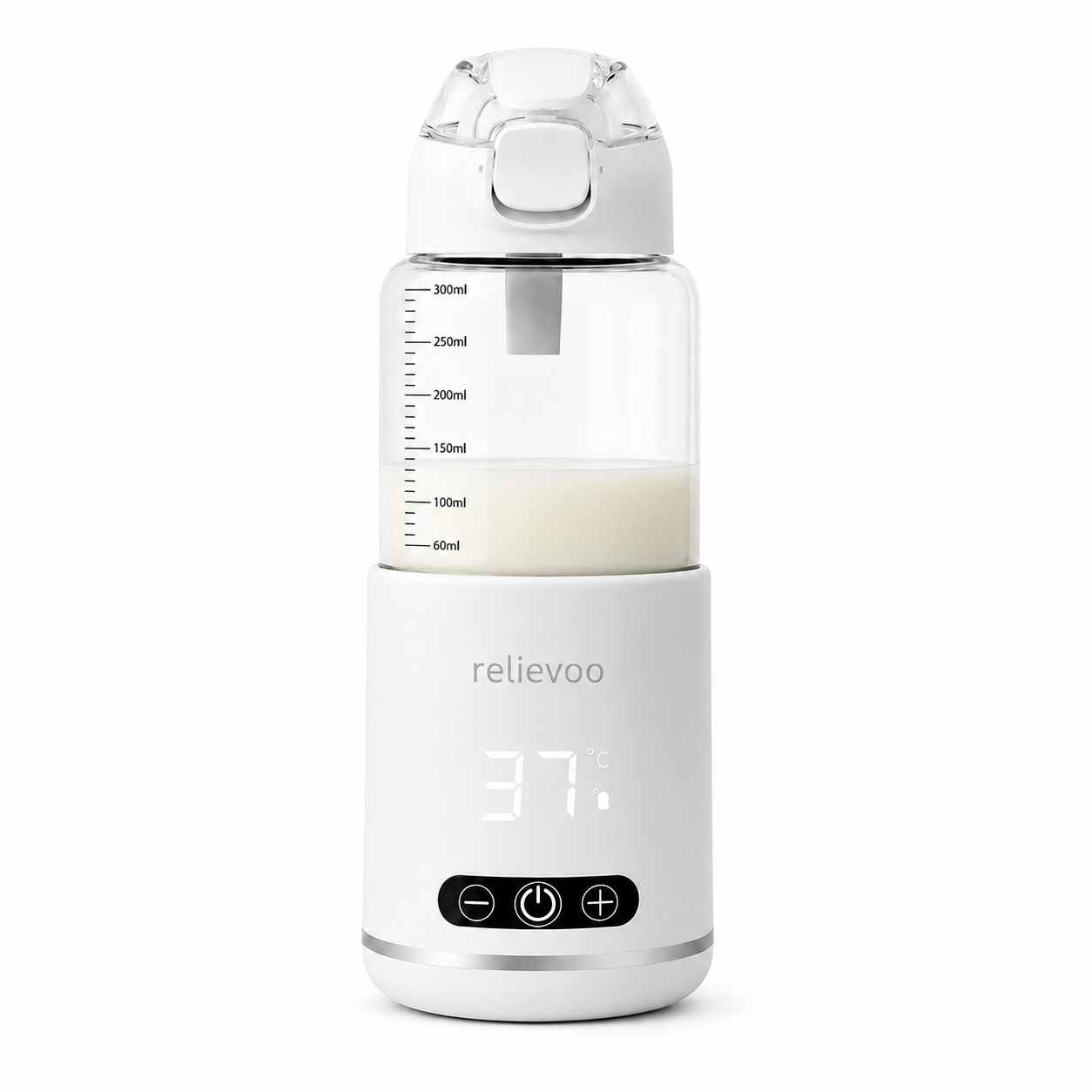 Relievoo Cordless Bottle Warmer Pro with milk warmed to 37°C — studio packshot