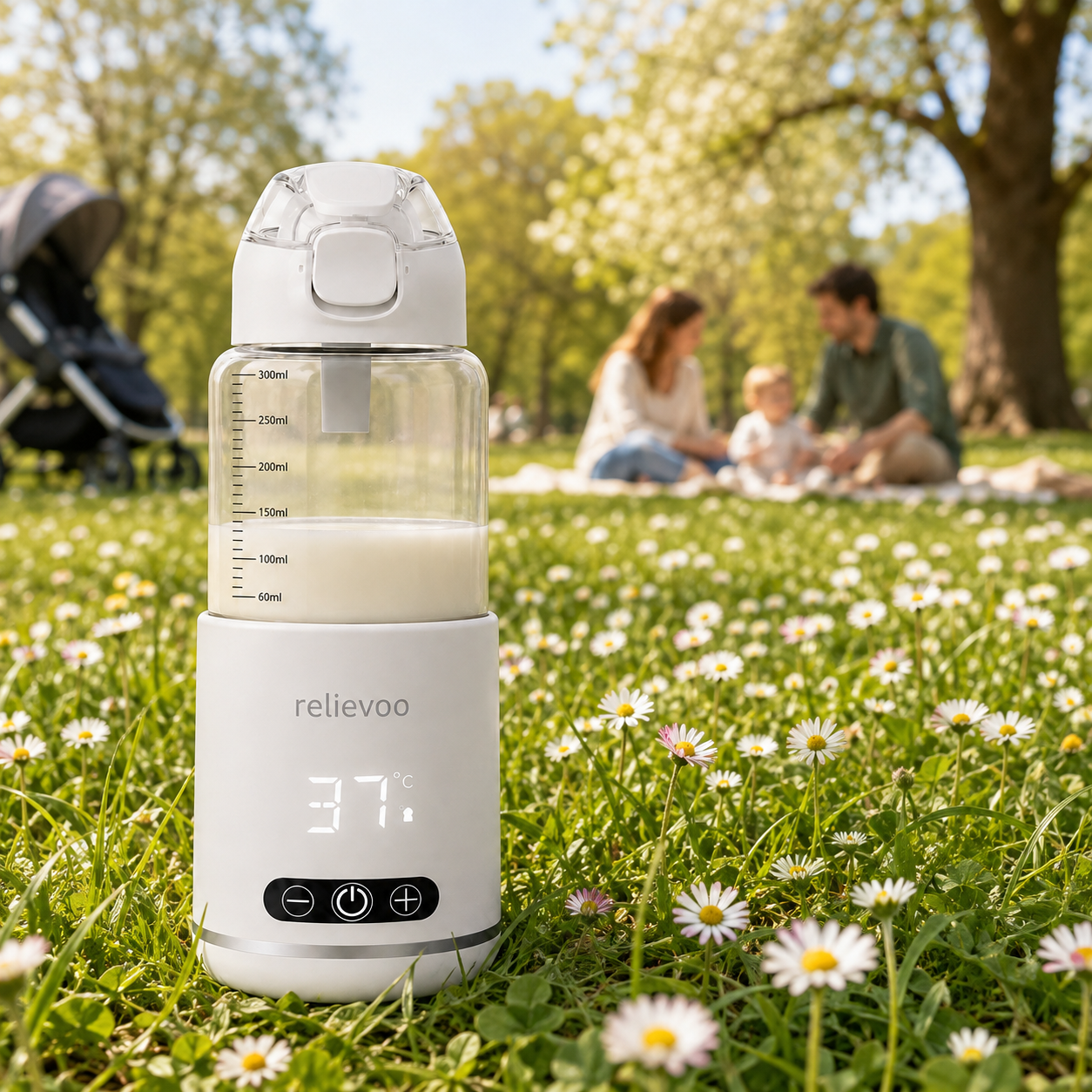 Relievoo cordless bottle warmer keeping milk at 37°C during a family picnic in the park