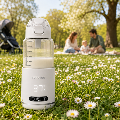Relievoo cordless bottle warmer keeping milk at 37°C during a family picnic in the park