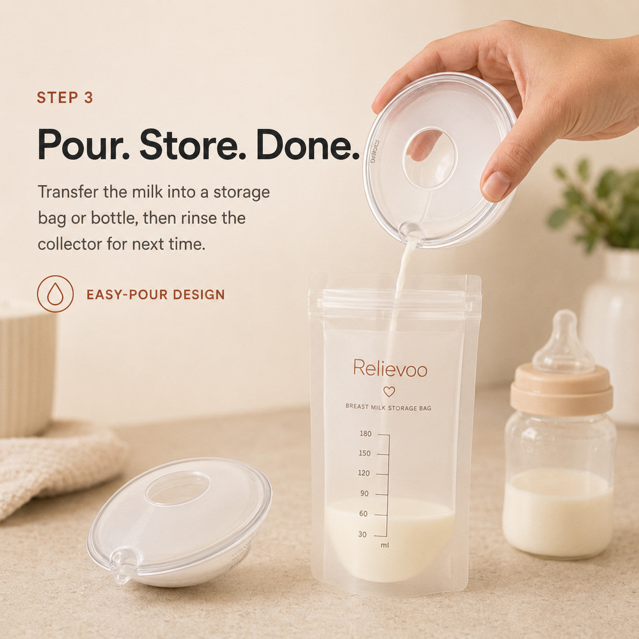 Pouring milk from a Relievoo breast milk collector into a Relievoo breast milk storage bag rvpumpen