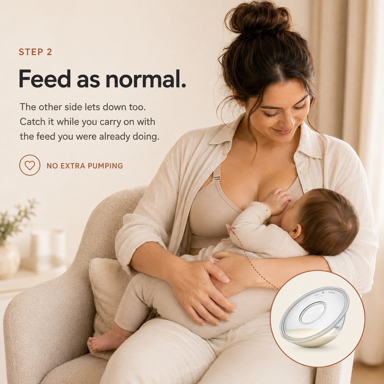 Mum breastfeeding her baby while a Relievoo collector catches the letdown on the other side rvpumpen