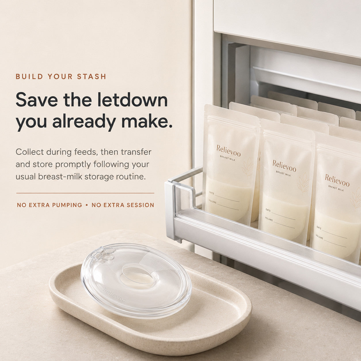 Relievoo breast milk storage bags filled and stored in a freezer drawer beside a collector rvpumpen