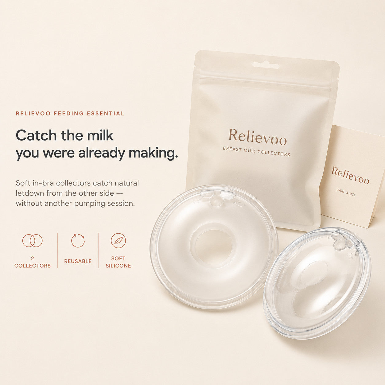 Relievoo breast milk collectors with their storage pouch and use and care card on a cream background rvpumpen