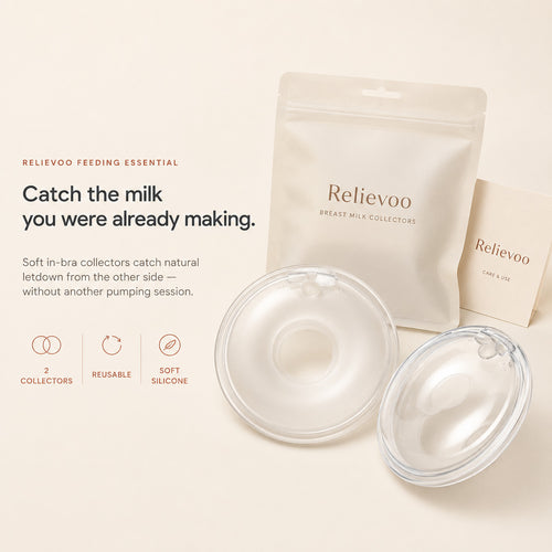 Récupérateurs de lait maternel Relievoo avec leur pochette de rangement et la carte d'utilisation et d'entretien, sur fond crème rvpumpen