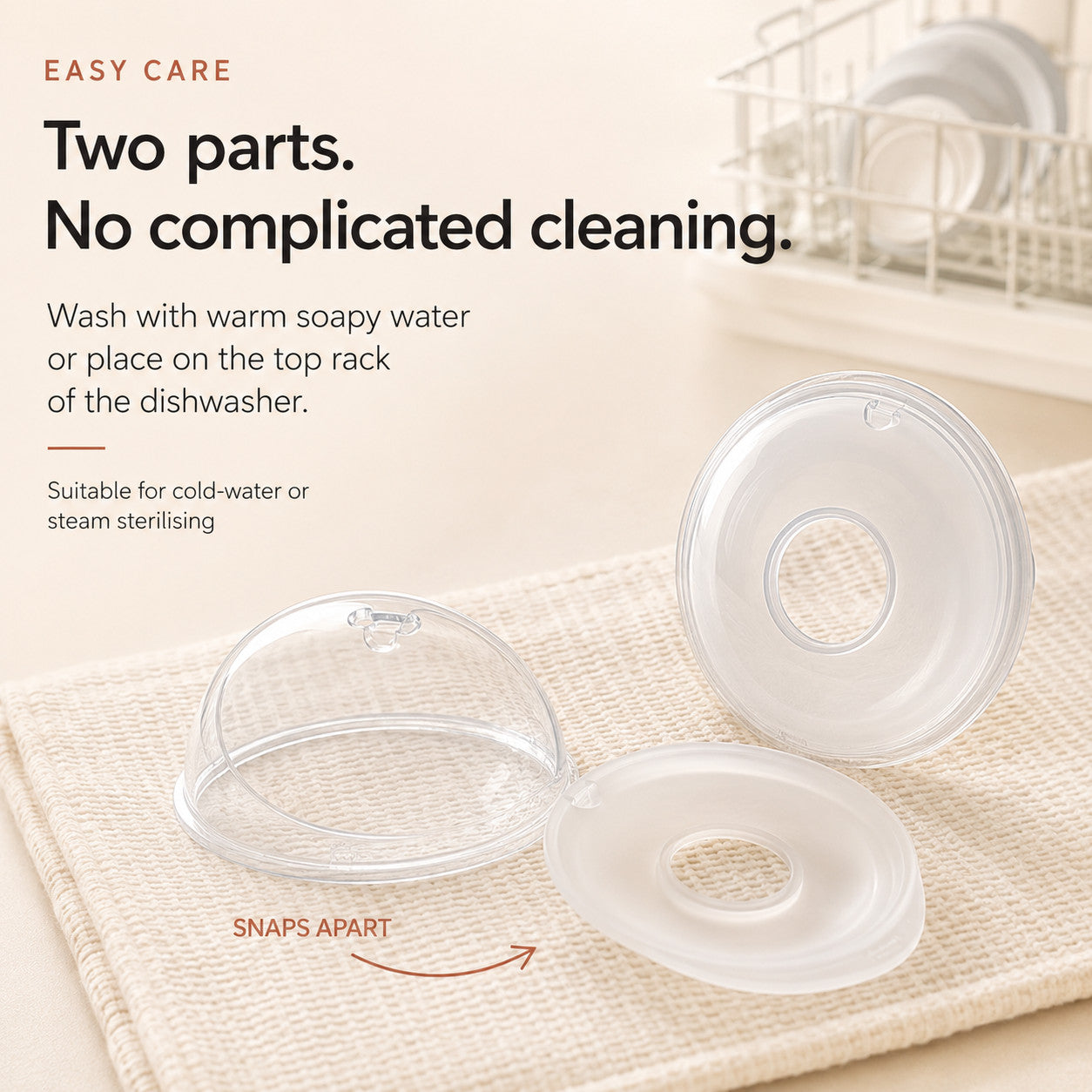 Relievoo breast milk collector snapped apart into its two parts for easy cleaning beside a dish rack rvpumpen