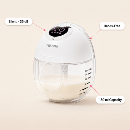 Relievoo breast pump features - Silent 35dB, Hands-Free, 180ml Capacity