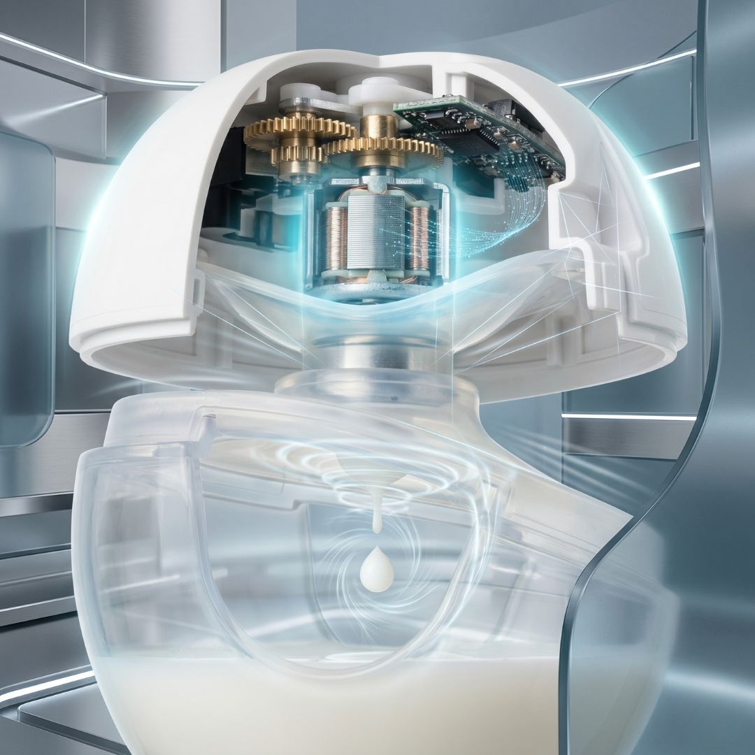 Relievoo S32 PRO2 breast pump internal motor cutaway showing 300mmHg hospital-grade suction technology