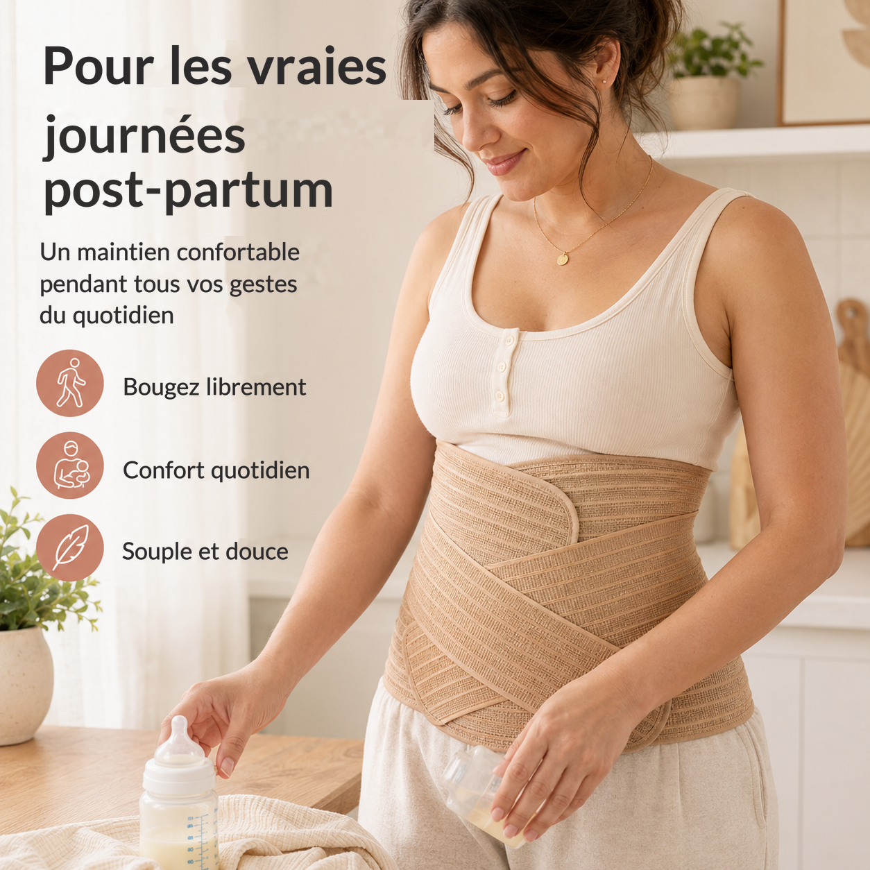Maman portant la ceinture de maintien post-partum beige pendant ses gestes du quotidien