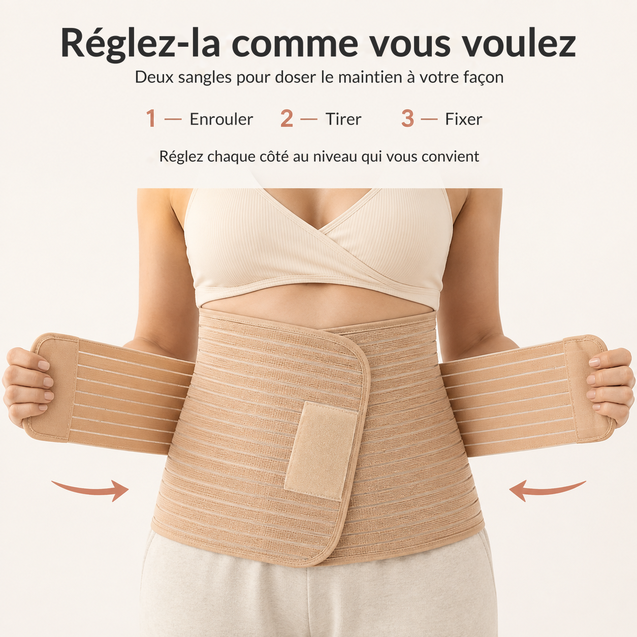 Comment régler la ceinture de maintien post-partum en trois gestes : enrouler, tirer, fixer