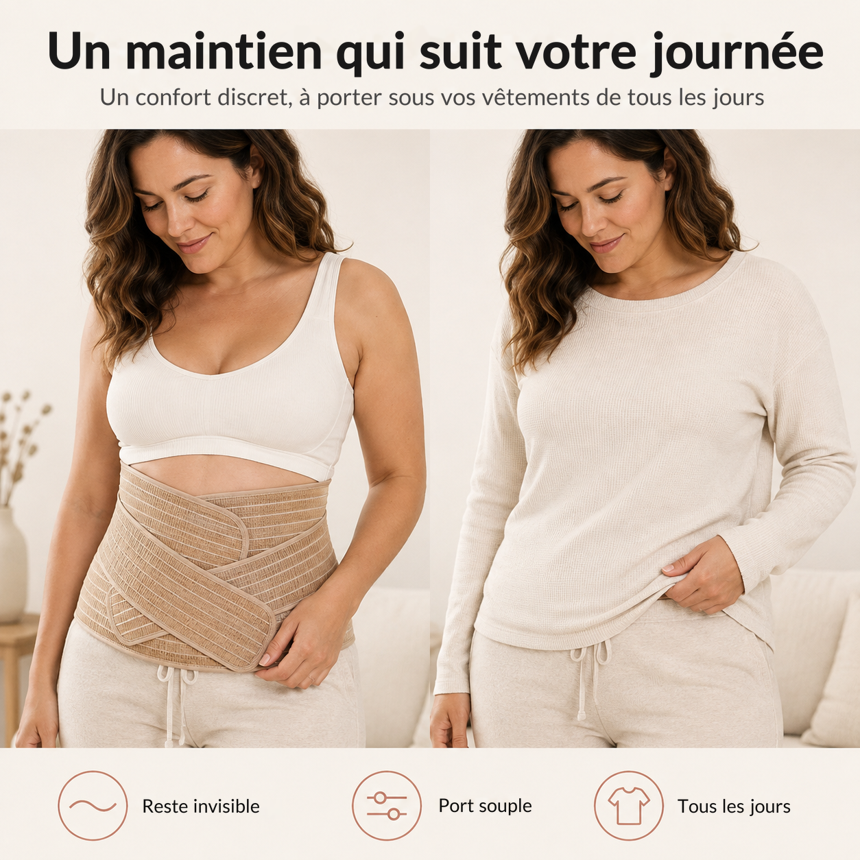 Ceinture post-partum beige portée sous un pull, invisible sous les vêtements du quotidien