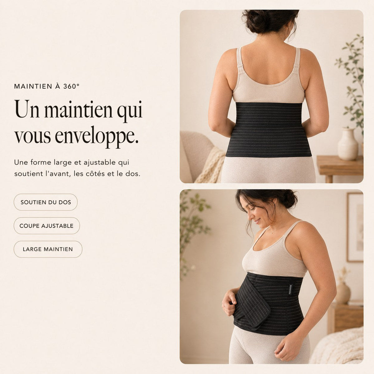Vues de dos et de profil de la ceinture post-partum Relievoo noire, large et ajustable