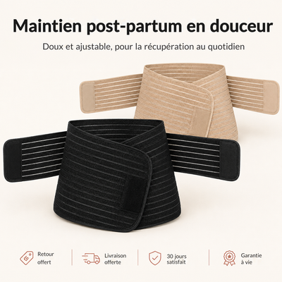 Ceinture de maintien post-partum Relievoo en noir et en beige, vue d’ensemble