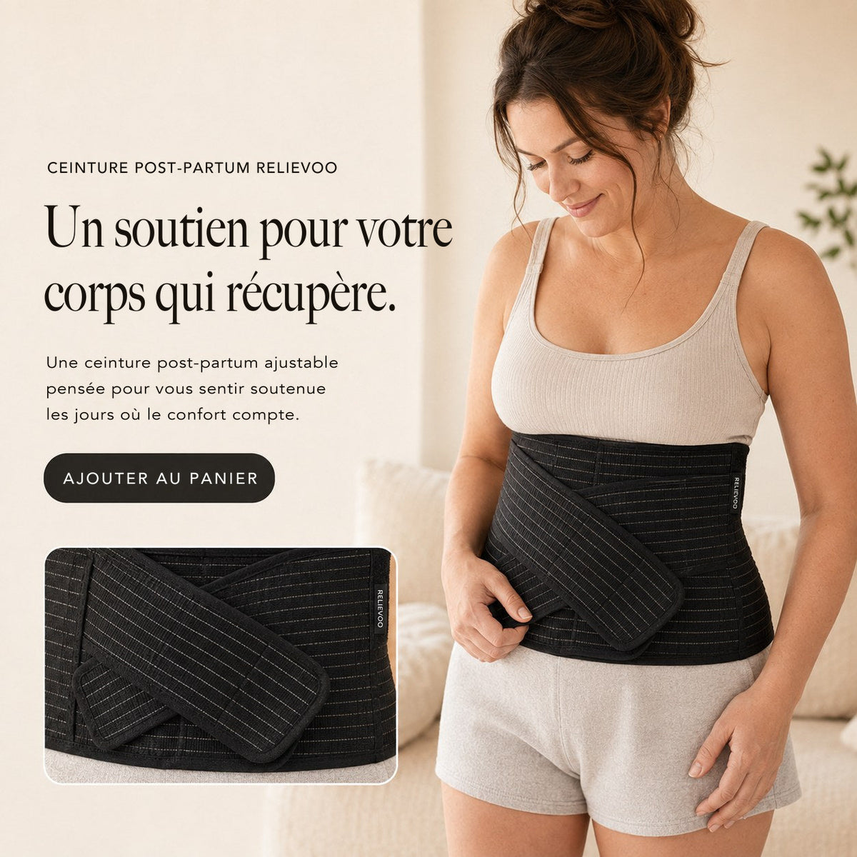 Femme portant la ceinture de maintien post-partum Relievoo noire, présentée aussi à plat