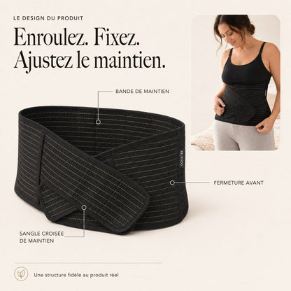 Ceinture de maintien post-partum Relievoo avec sa bande de maintien, sa fermeture avant et sa sangle croisée