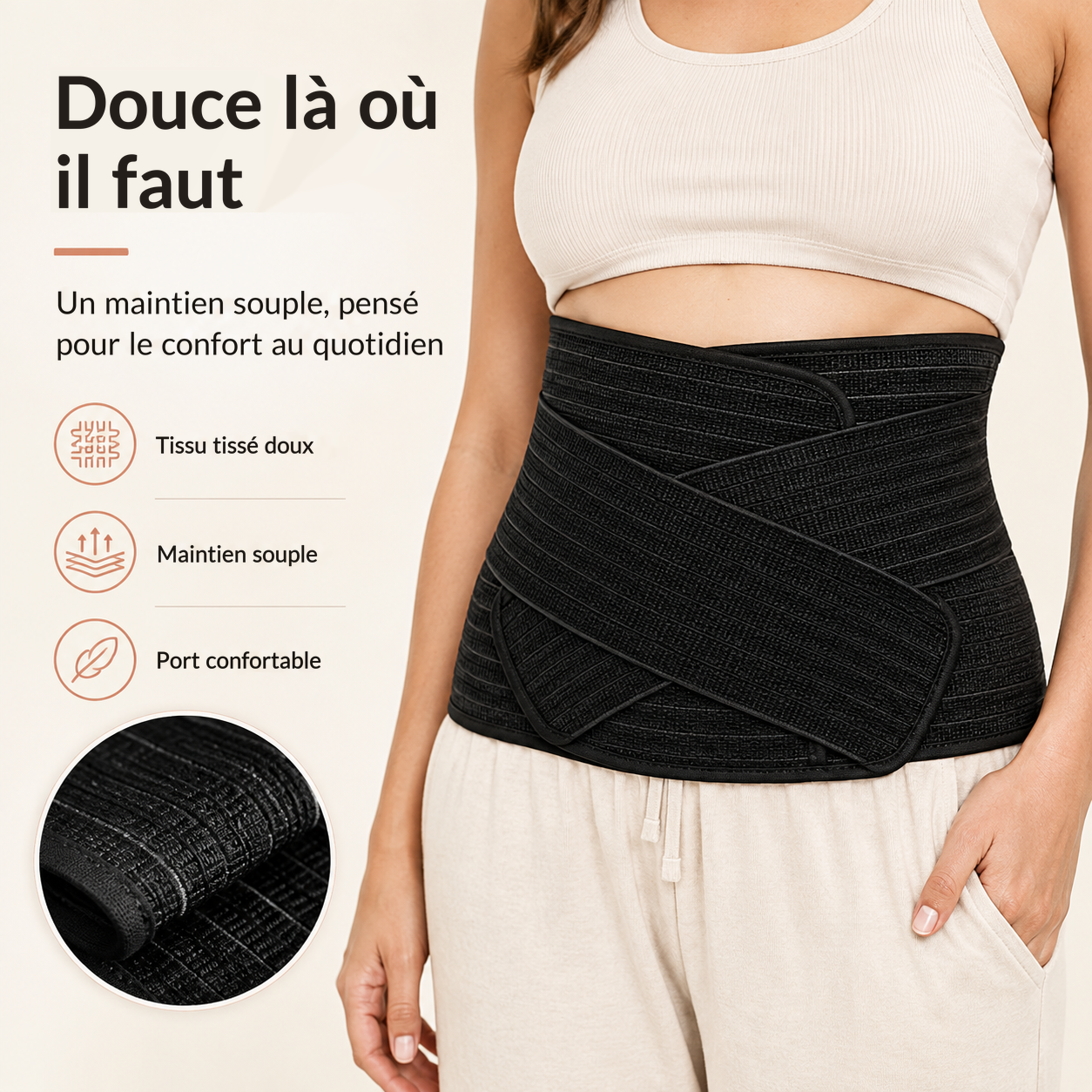 Détail du tissu tissé doux de la ceinture de maintien post-partum noire