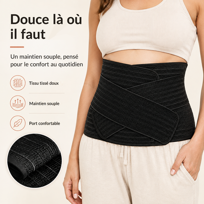 Détail du tissu tissé doux de la ceinture de maintien post-partum noire