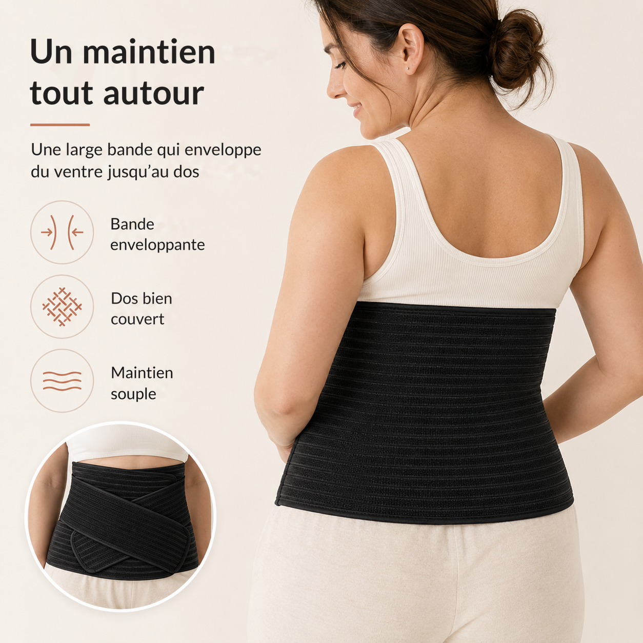 Vue de dos de la ceinture de maintien post-partum noire, maintien tout autour de la taille