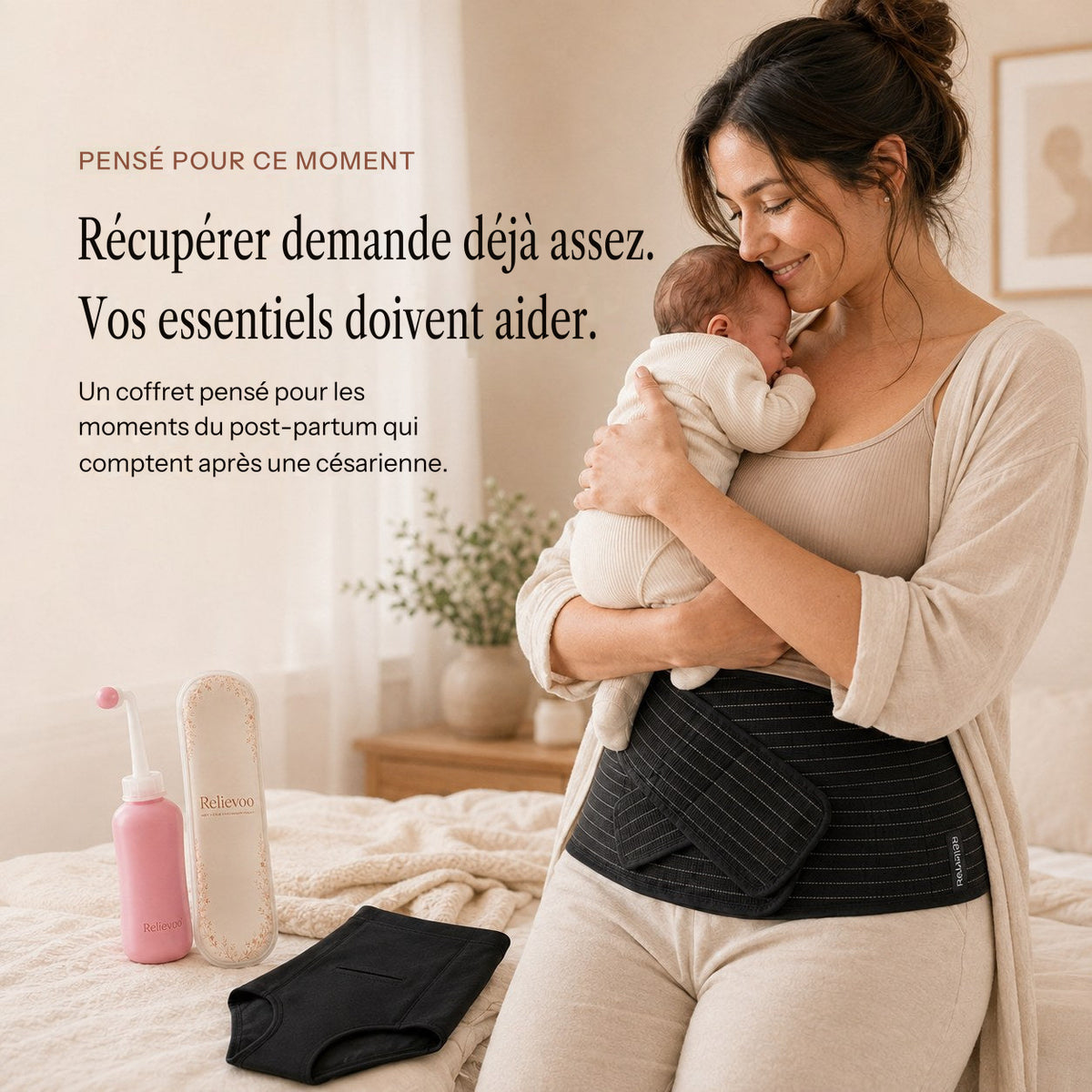 Maman tenant son nouveau-né en portant la ceinture Relievoo, les articles du coffret posés à côté d’elle