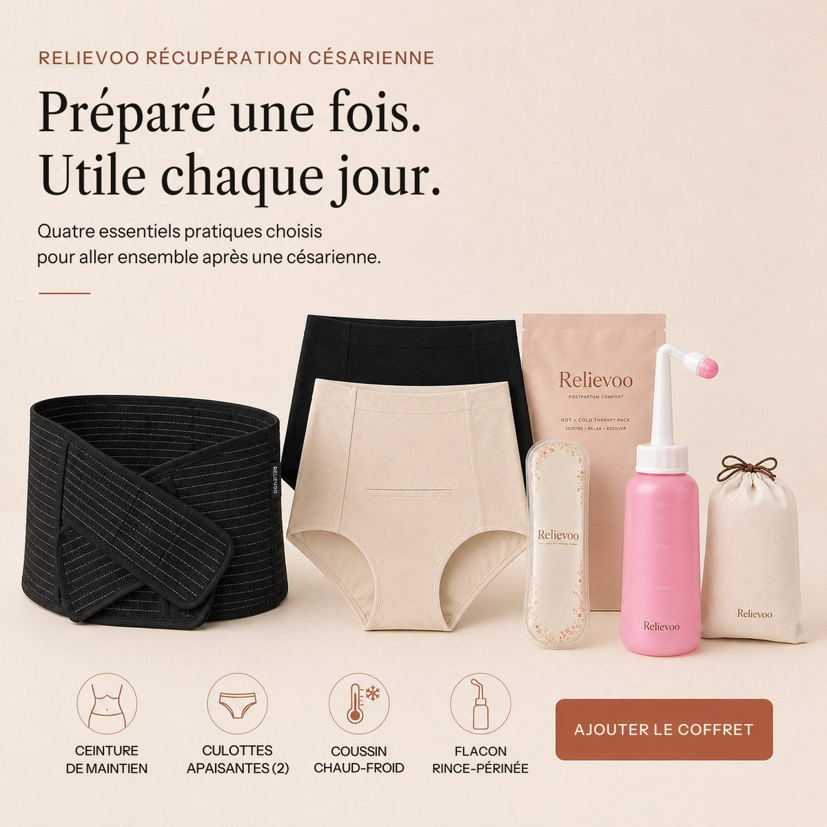 Le coffret récupération césarienne Relievoo au complet : ceinture, deux culottes, coussin et flacon rince-périnée
