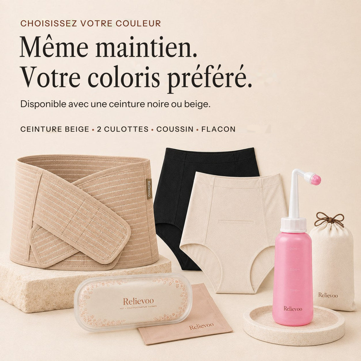 Le coffret césarienne Relievoo avec la ceinture beige, deux culottes apaisantes, le coussin et le flacon rince-périnée