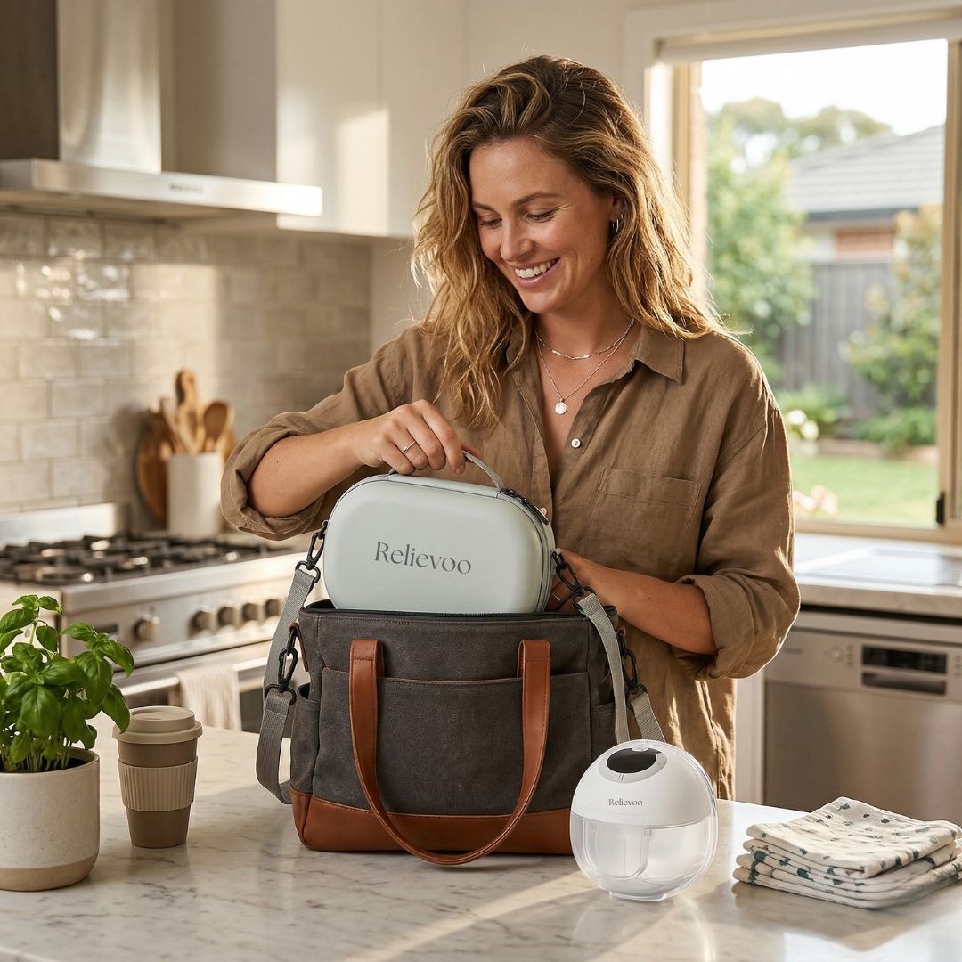 UK mum placing Relievoo carrying case into diaper bag with wearable breast pump on kitchen counter