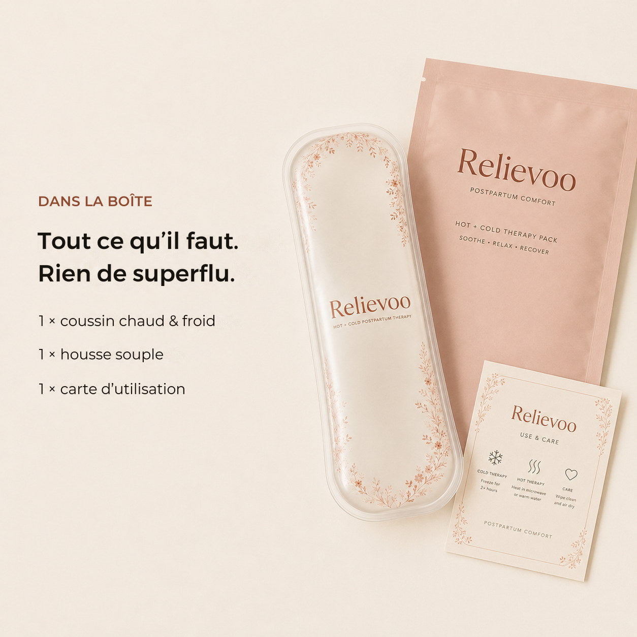 Contenu de la boîte : coussin périnéal Relievoo, pochette souple et carte d'utilisation et d'entretien